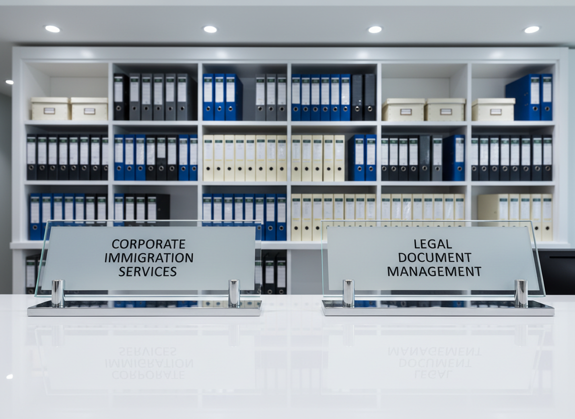 A pair of elegant, heavy glass nameplates with frosted surfaces and polished chrome stands, engraved with the words “Corporate Immigration Services” and “Legal Document Management” in crisp sans-serif lettering. They sit on a glossy white reception counter with a subtle reflection beneath. Behind them, built-in shelves display neatly arranged binders and document boxes in muted blues and grays, all perfectly aligned. Cool, balanced office lighting from recessed ceiling fixtures creates even illumination, with soft highlights along the glass edges. The composition is centered at eye level with sharp focus throughout, photographic realism, giving a modern, corporate lobby feel that is orderly, professional, and reassuring for clients seeking visa and permit services.