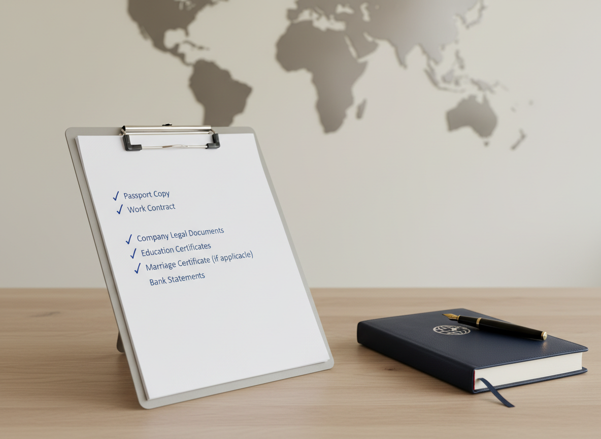 A close-up of a meticulously organized immigration document checklist on premium white paper, clipped to a slim metallic clipboard on a light oak table. The checklist includes clearly printed items such as “Passport Copy”, “Work Contract”, “Company Legal Documents”, with neat checkmarks in blue ink. Beside it lies a high-quality navy blue notebook embossed with a subtle corporate logo and a finely textured leather cover. A minimalist world map made of brushed metal hangs blurred in the background. Soft diffused daylight from the left creates a clean, bright ambiance, with gentle shadows adding depth. Photographic realism, shot from a slightly elevated angle with the rule of thirds, conveying precision, clarity, and reliability in immigration document handling.