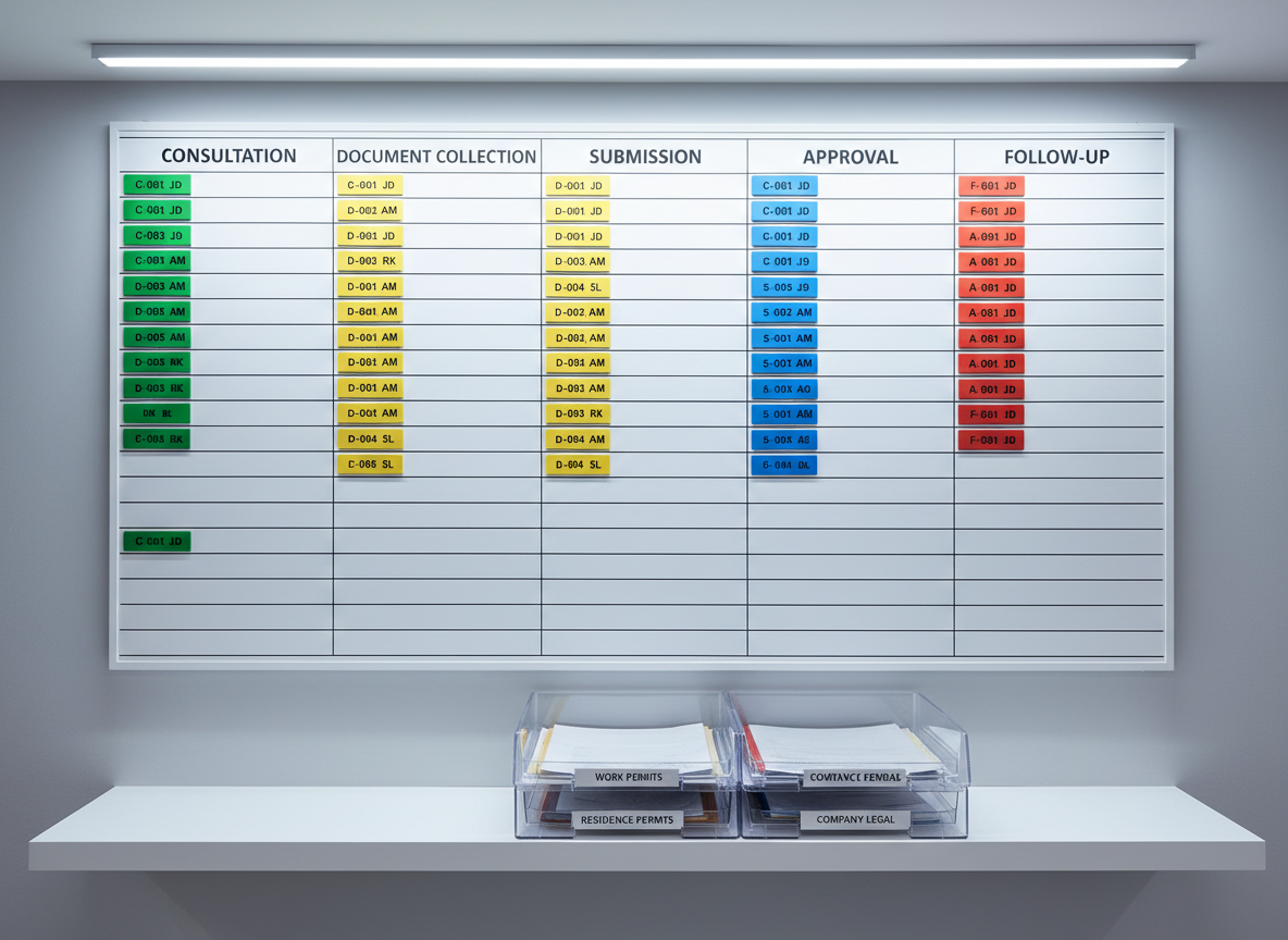 An ultra-organized white wall-mounted planning board designed for immigration case tracking, divided into labeled columns: “Consultation”, “Document Collection”, “Submission”, “Approval”, and “Follow-up”. Each column has color-coded magnetic tags with case codes and anonymized initials, aligned in perfect rows. Below the board, a slim floating shelf holds neatly arranged document trays labeled “Work Permits”, “Residence Permits”, and “Company Legal”. Cool, even overhead lighting creates a bright, analytical environment with minimal shadows. Photographic realism, front-facing composition with sharp focus across the frame, producing a clean, transparent, and methodical impression of process control within a professional immigration services office.