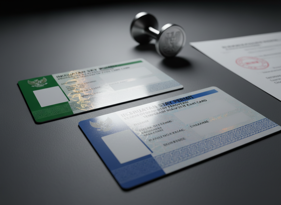A precise close-up of an Indonesian work permit card and a temporary stay permit card placed side by side on a matte charcoal surface, both anonymized with blank fields yet showcasing authentic layout elements, holographic accents, and secure microprint textures. A small, stainless-steel desk stamp and a corner of a stamped approval form are partially visible in the background, softly blurred. Cool, directional desk-lamp lighting from the right creates subtle highlights on the cards’ embossed details and delicate shadows that emphasize their thickness. Photographic realism, shot from a low, near-horizontal angle with shallow depth of field, producing an atmosphere of successful authorization, formality, and meticulous attention to regulatory details.