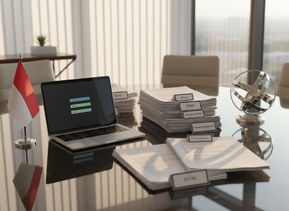 A modern glass-top meeting table with a spread of immigration-related legal documents in Indonesian and English, carefully aligned in tidy stacks labeled “KITAS”, “KITAP”, “Visa Sponsorship”, and “Company Legalization”. A slim silver laptop displays a minimalist dashboard with status bars labeled “In Process”, “Approved”, and “Pending” in soft blue and green tones. A small Indonesian flag in a tasteful metal stand and a world globe sculpture made of intersecting chrome rings sit at opposite corners of the table. Late afternoon natural light filters through sheer blinds, creating linear shadows across the table. Photographic realism, eye-level composition with moderate depth of field, evoking a strategic, organized, and globally connected atmosphere for a professional immigration consultancy.