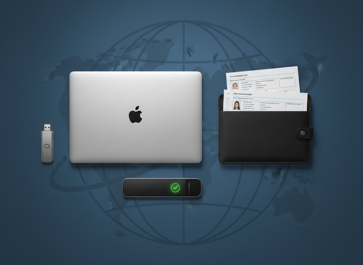 A sophisticated flat-lay composition of essential corporate immigration tools on a matte deep-blue background: a closed silver ultrabook, a dark leather document wallet partially revealing anonymized visa forms, a slim black digital signature pad with a glowing confirmation tick, and a metal USB drive engraved with a small logo. A simplified, line-art illustration of a globe and an airplane is subtly printed in the background surface, almost like a watermark. Soft studio lighting from above creates delicate gradients and minimal, crisp shadows. Photographic realism with a minimalist, top-down perspective, conveying a modern, tech-enabled, and secure approach to handling work permits, visa sponsorships, and residence applications for corporate clients.
